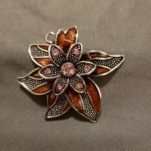 Vintage Floral Pendant Brown Tone Amber  Pink Silver